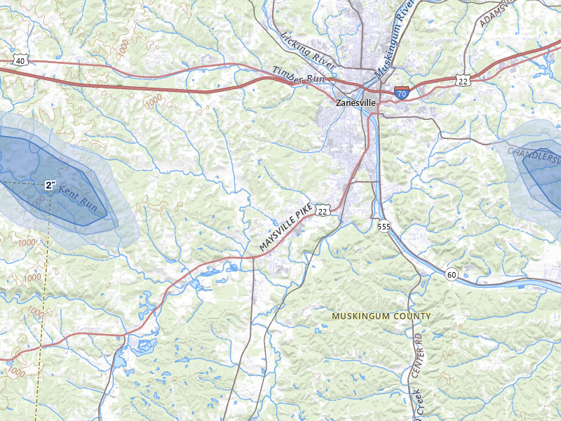 NEXRAD radar-signature map of the hail over Zanesville, OH