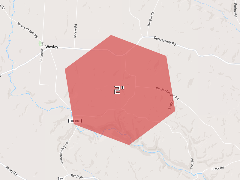 Hail map of Zanesville, OH on Jun 6, 2026, hail up to 2"