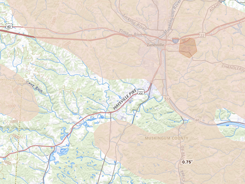 Radar-estimated hail-size map of the storm over Zanesville, OH on Jul 21, 2026