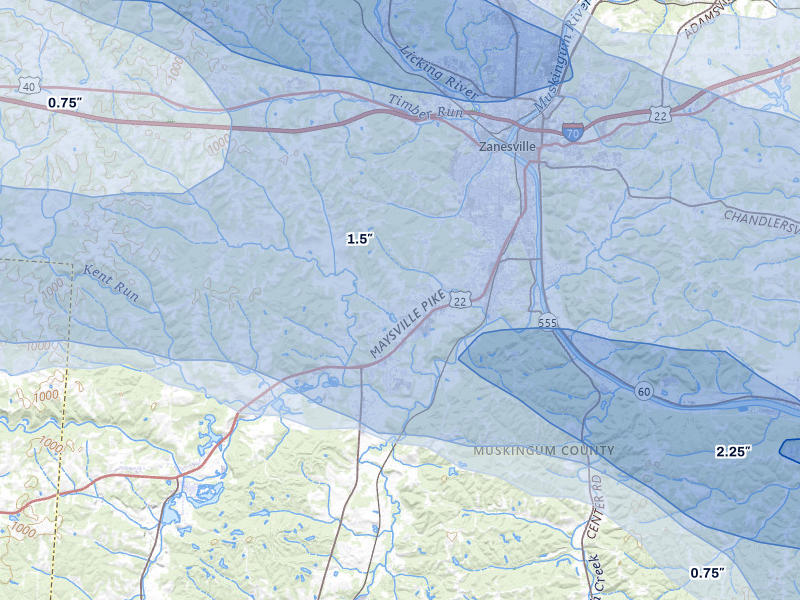 NEXRAD radar-signature map of the hail over Zanesville, OH