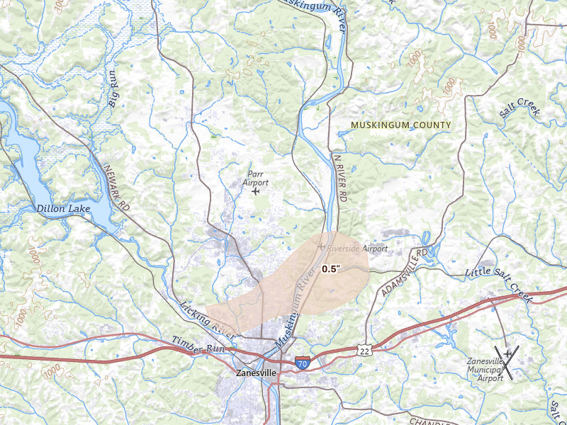 Radar-estimated hail-size map of the storm over Zanesville, OH on Aug 8, 2026