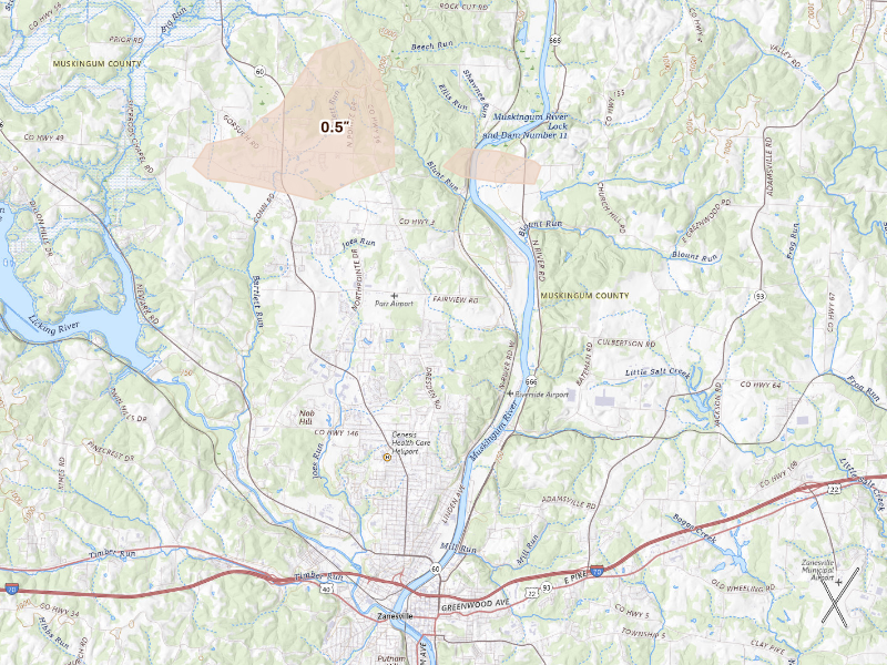 Radar-estimated hail-size map of the storm over Zanesville, OH on Sep 16, 2026