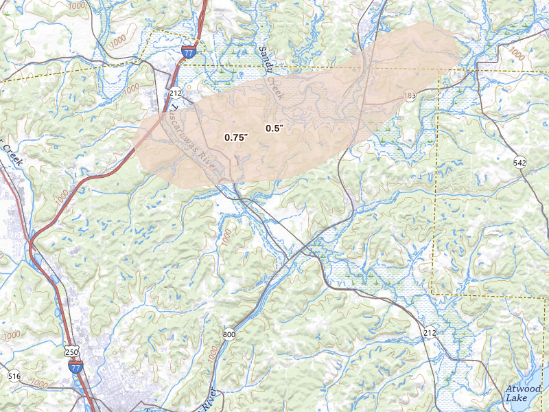 Radar-estimated hail-size map of the storm over Zoar, OH on Jul 4, 2026