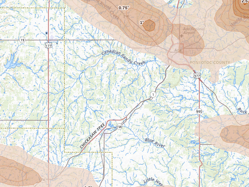 Radar-estimated hail-size map of the storm over Ada, OK on Apr 24, 2026