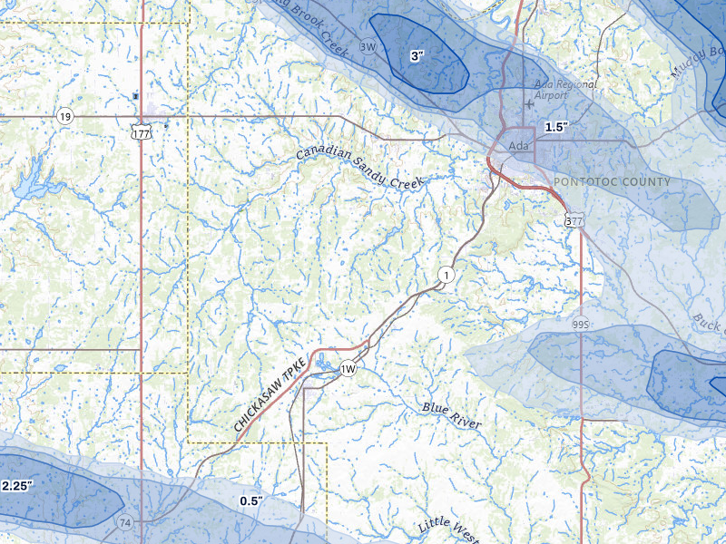 NEXRAD radar-signature map of the hail over Ada, OK
