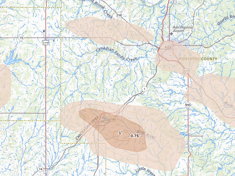 Radar-estimated hail-size map of the storm over Ada, OK on Apr 25, 2026