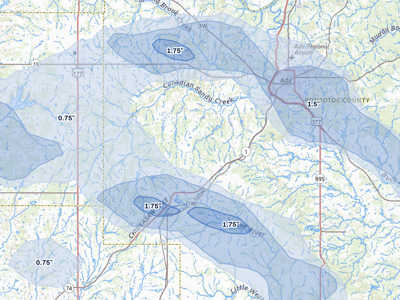 NEXRAD radar-signature map of the hail over Ada, OK