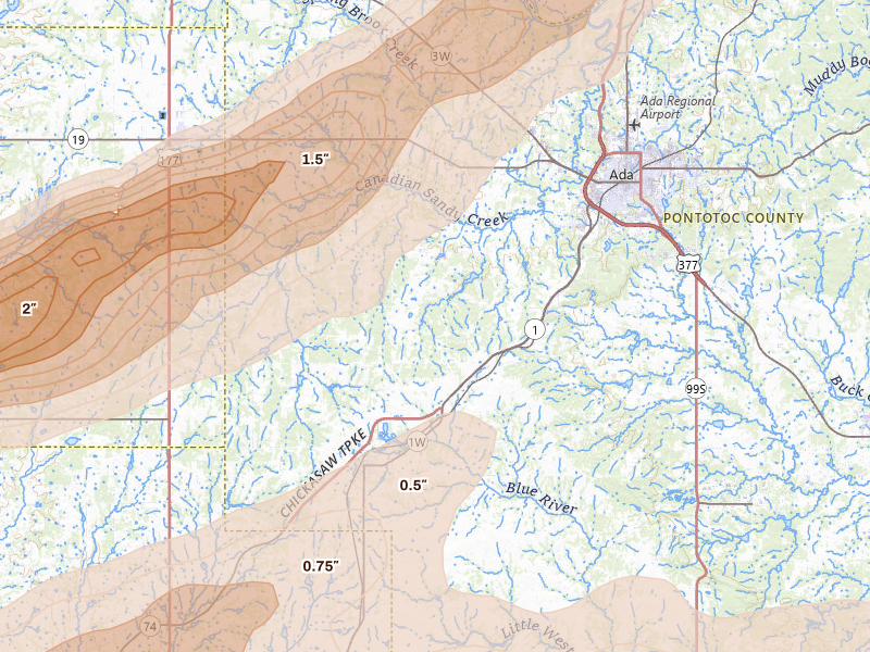 Radar-estimated hail-size map of the storm over Ada, OK on Apr 28, 2026