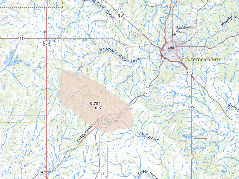 Radar-estimated hail-size map of the storm over Ada, OK on May 8, 2026
