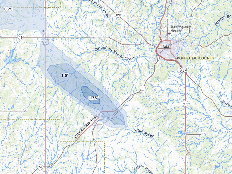 NEXRAD radar-signature map of the hail storm over Ada, OK on May 8, 2026