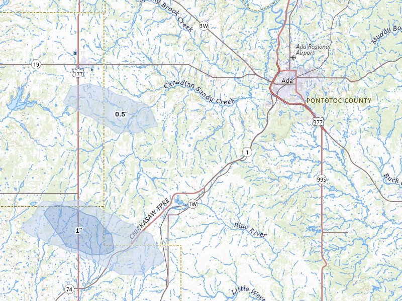 NEXRAD radar-signature map of the hail over Ada, OK