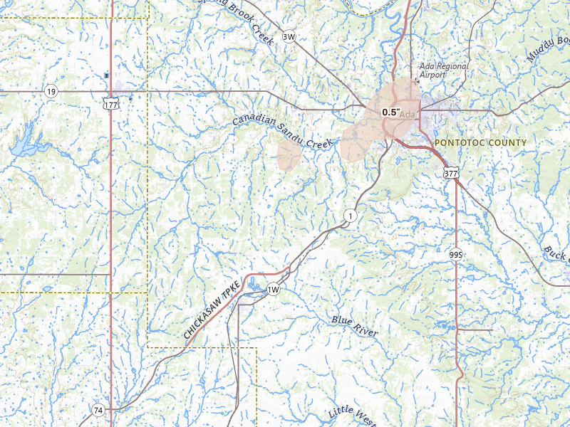 Radar-estimated hail-size map of the storm over Ada, OK on Jun 6, 2026