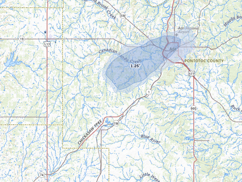 NEXRAD radar-signature map of the hail storm over Ada, OK on Jun 6, 2026