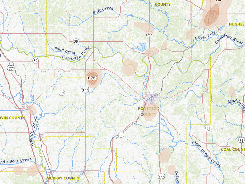 Radar-estimated hail-size map of the storm over Ada, OK on Aug 7, 2026