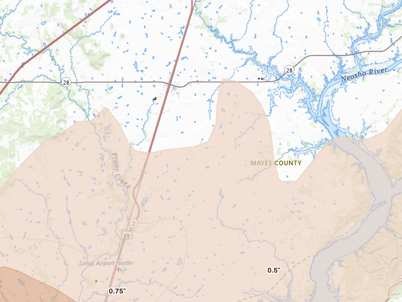 Radar-estimated hail-size map of the storm over Adair, OK on Mar 6, 2026