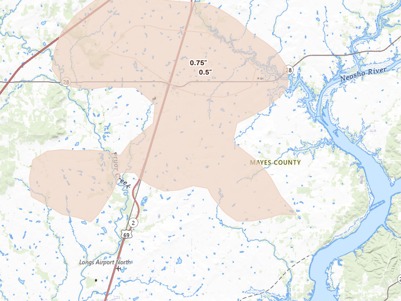 Radar-estimated hail-size map of the storm over Adair, OK on May 29, 2026