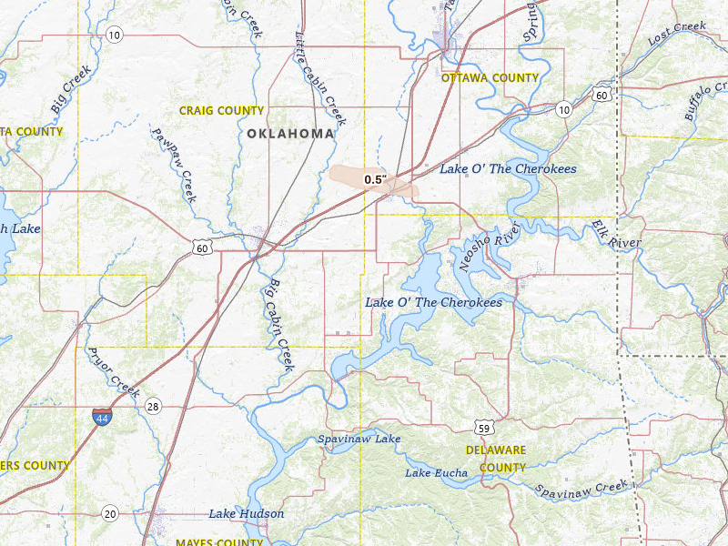 Radar-estimated hail-size map of the storm over Afton, OK