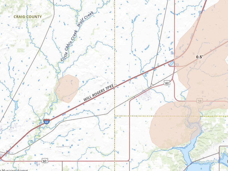 Radar-estimated hail-size map of the storm over Afton, OK on Apr 3, 2026