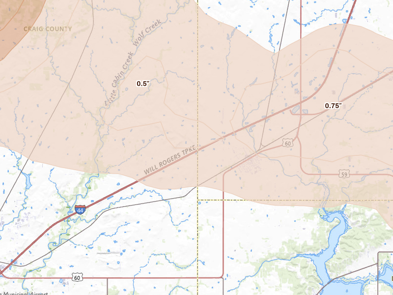 Radar-estimated hail-size map of the storm over Afton, OK on Apr 25, 2026
