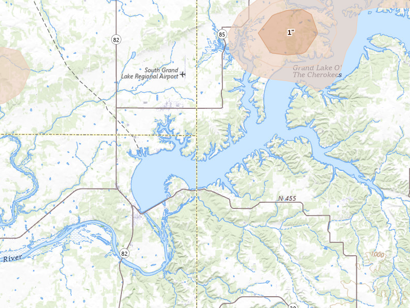 Radar-estimated hail-size map of the storm over Afton, OK on Apr 28, 2026