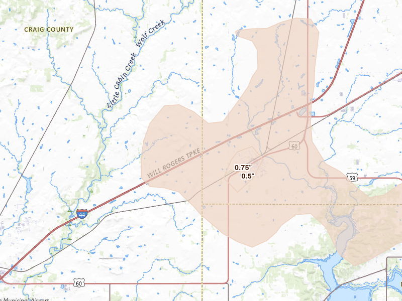 Radar-estimated hail-size map of the storm over Afton, OK on Jun 7, 2026