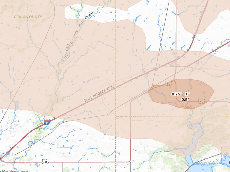 Radar-estimated hail-size map of the storm over Afton, OK on Jun 11, 2026