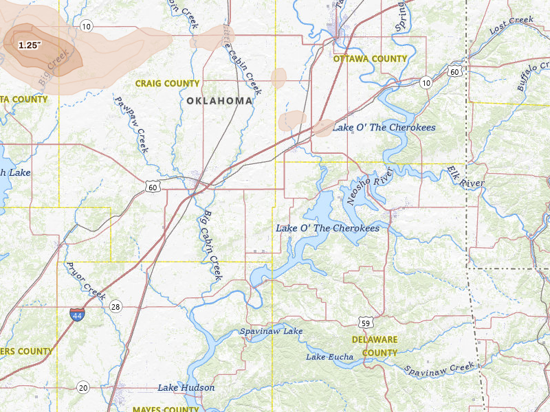 Radar-estimated hail-size map of the storm over Afton, OK on Jun 26, 2026