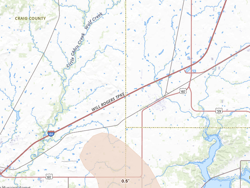 Radar-estimated hail-size map of the storm over Afton, OK on Jul 4, 2026