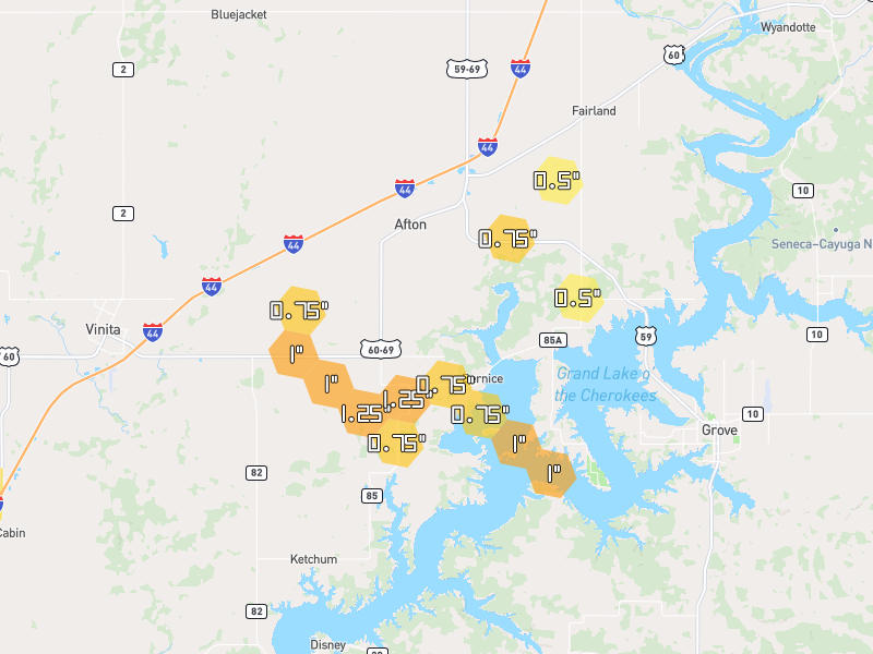Hail map of Afton, OK on Jul 5, 2026, hail up to 1.25"