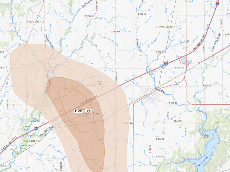Radar-estimated hail-size map of the storm over Afton, OK