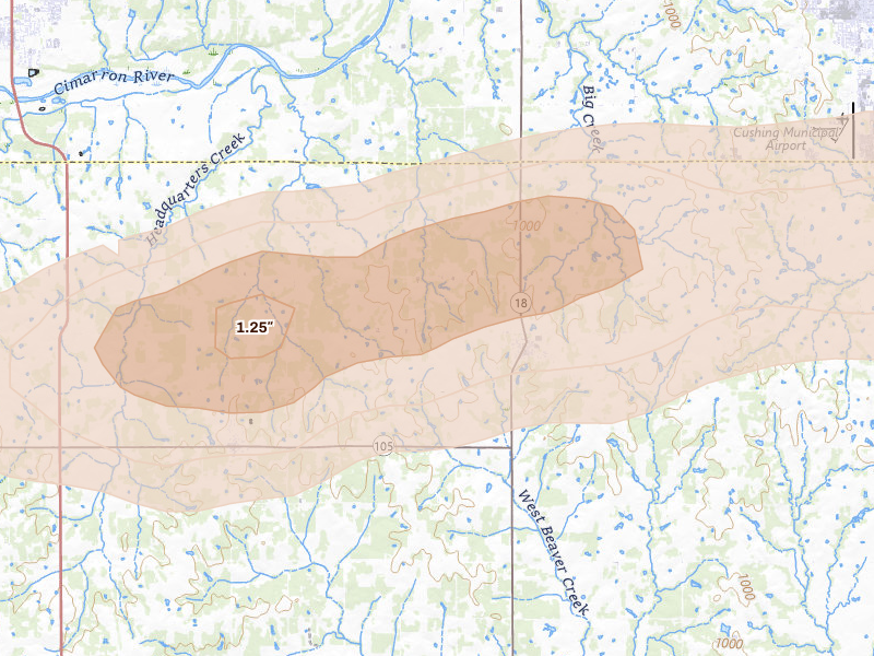 Radar-estimated hail-size map of the storm over Agra, OK on Mar 1, 2026
