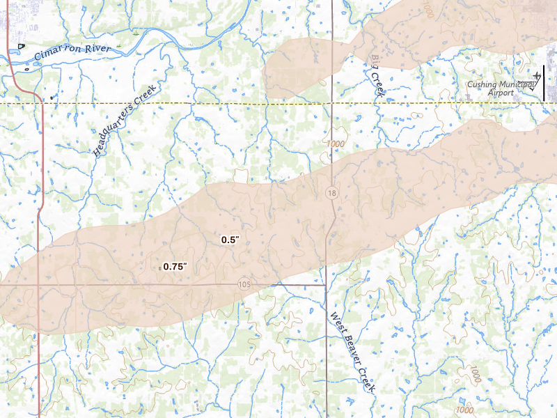 Radar-estimated hail-size map of the storm over Agra, OK on Apr 28, 2026