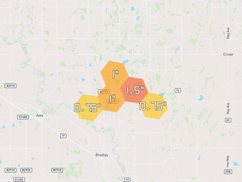 Hail map of Alex, OK on Jul 5, 2026, hail up to 1.5"