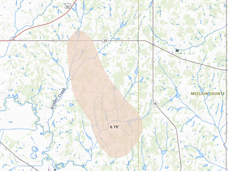 Radar-estimated hail-size map of the storm over Alex, OK on Jul 31, 2026