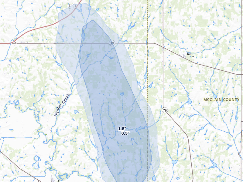 NEXRAD radar-signature map of the hail storm over Alex, OK on Jul 31, 2026