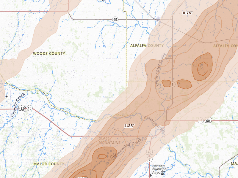 Radar-estimated hail-size map of the storm over Aline, OK on Mar 5, 2026