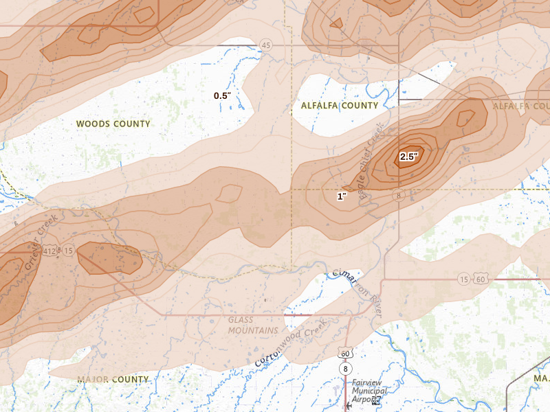 Radar-estimated hail-size map of the storm over Aline, OK on Apr 17, 2026
