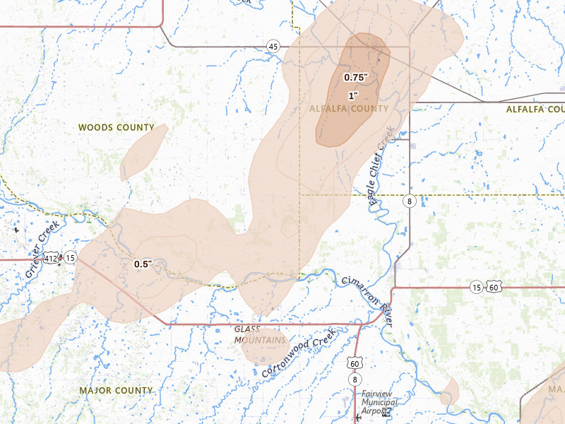 Radar-estimated hail-size map of the storm over Aline, OK on Jun 12, 2026