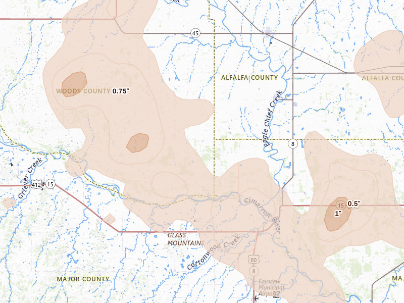 Radar-estimated hail-size map of the storm over Aline, OK on Jun 21, 2026