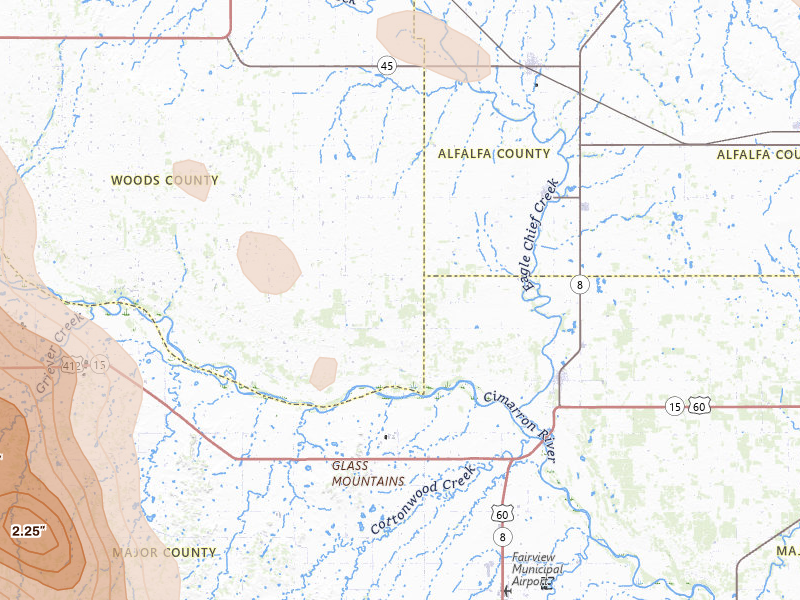 Radar-estimated hail-size map of the storm over Aline, OK on Jul 4, 2026
