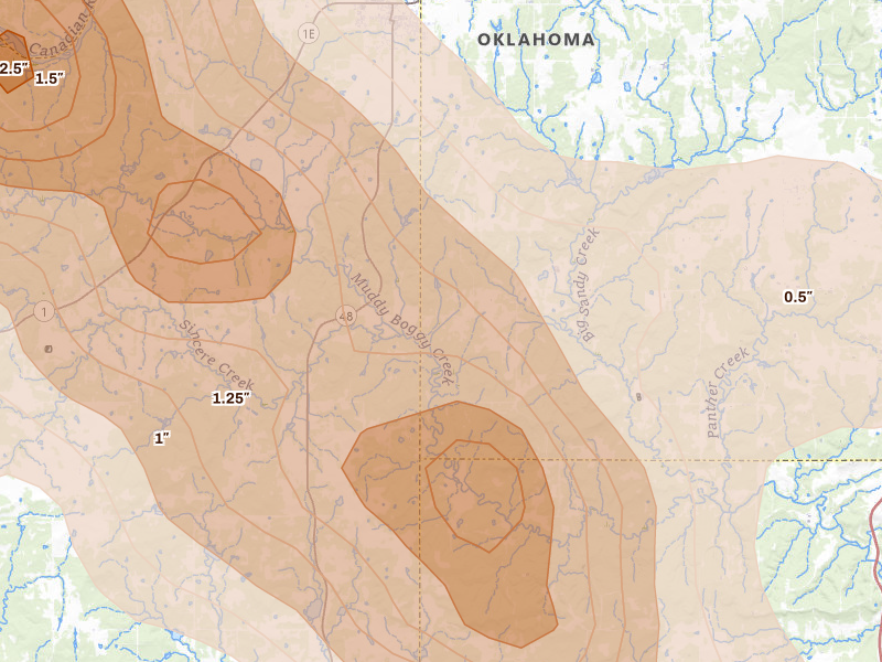 Radar-estimated hail-size map of the storm over Allen, OK on Apr 24, 2026