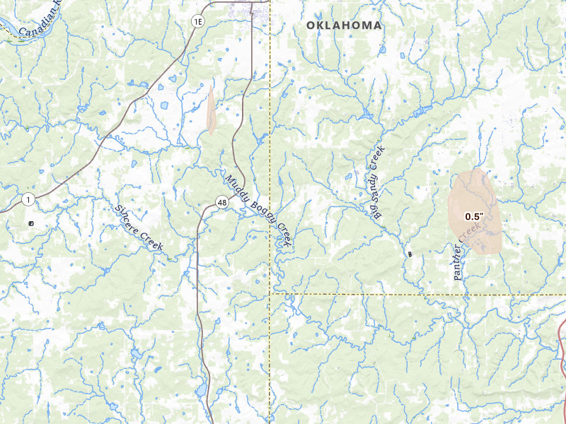 Radar-estimated hail-size map of the storm over Allen, OK on Aug 7, 2026