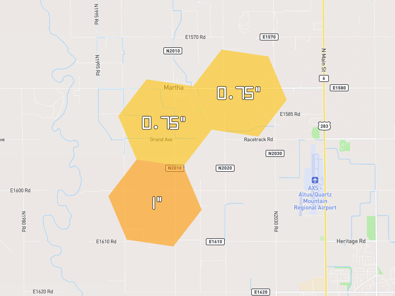 Hail map of Altus, OK on Jun 5, 2026, hail up to 1"