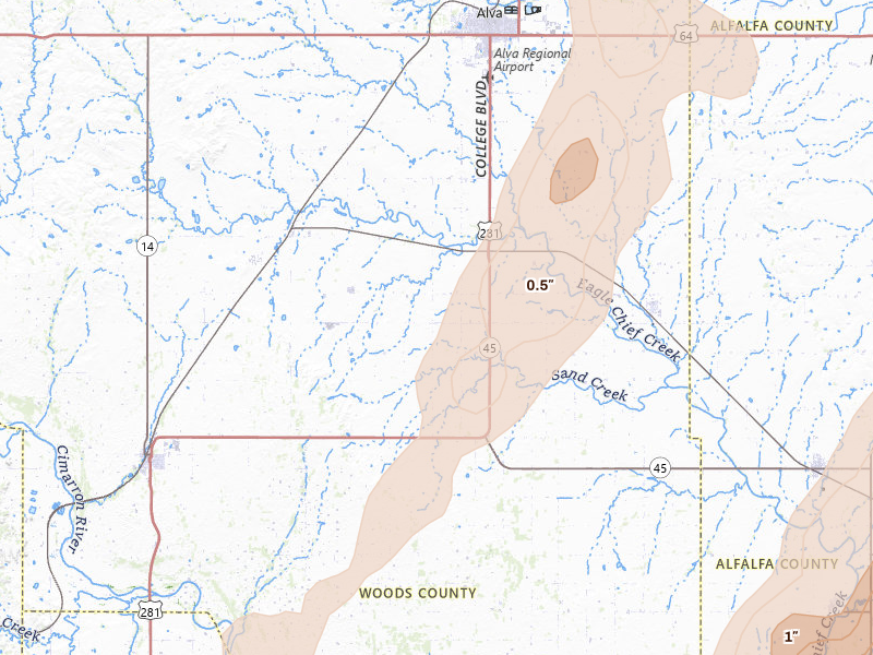 Radar-estimated hail-size map of the storm over Alva, OK on Mar 5, 2026