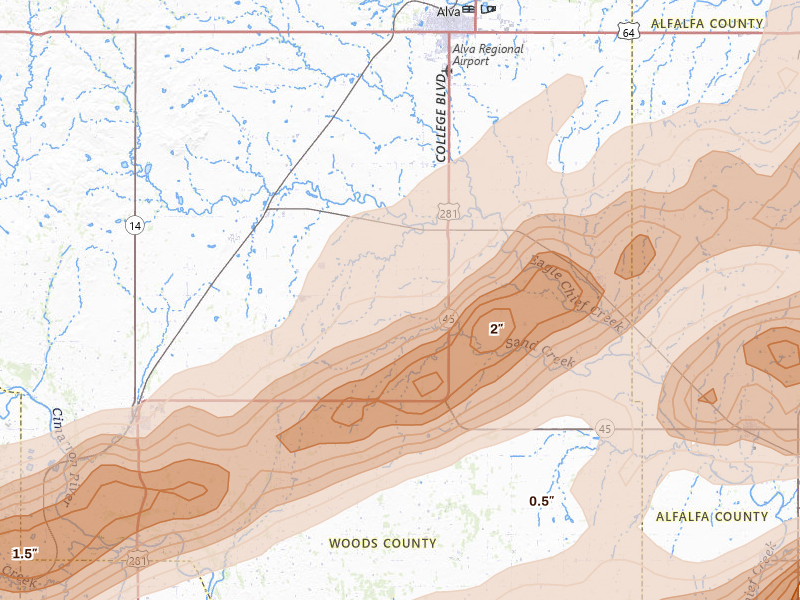 Radar-estimated hail-size map of the storm over Alva, OK on Apr 17, 2026