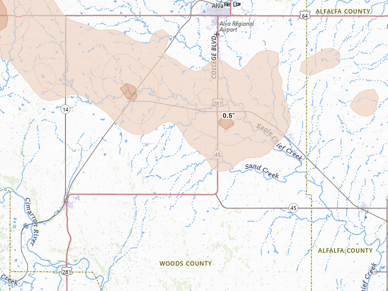 Radar-estimated hail-size map of the storm over Alva, OK on Jun 1, 2026
