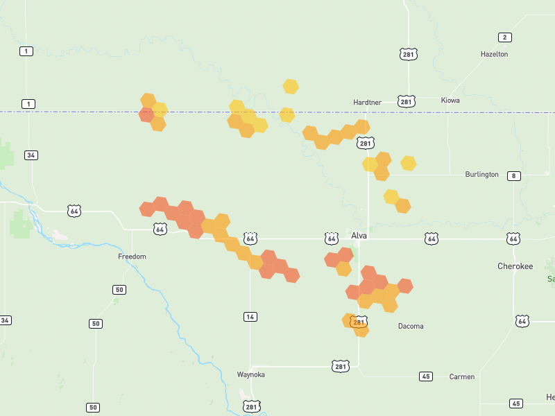 Hail map of Alva, OK on Jun 2, 2026, hail up to 1.75"