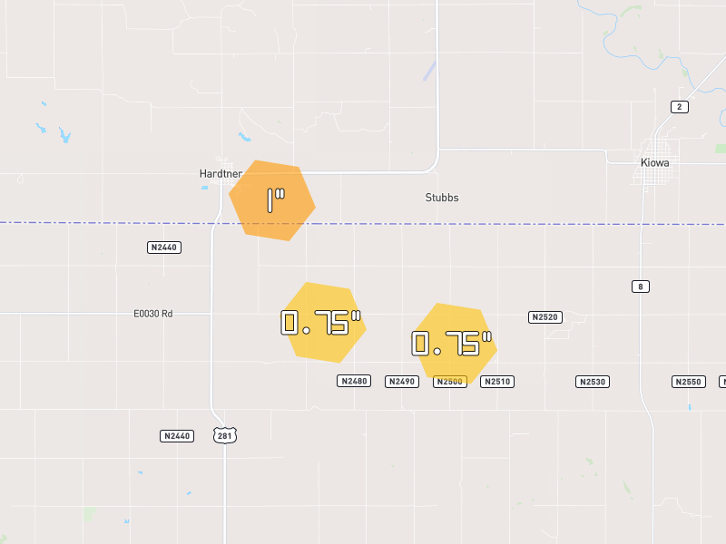 Hail map of Alva, OK on Jun 7, 2026, hail up to 1"