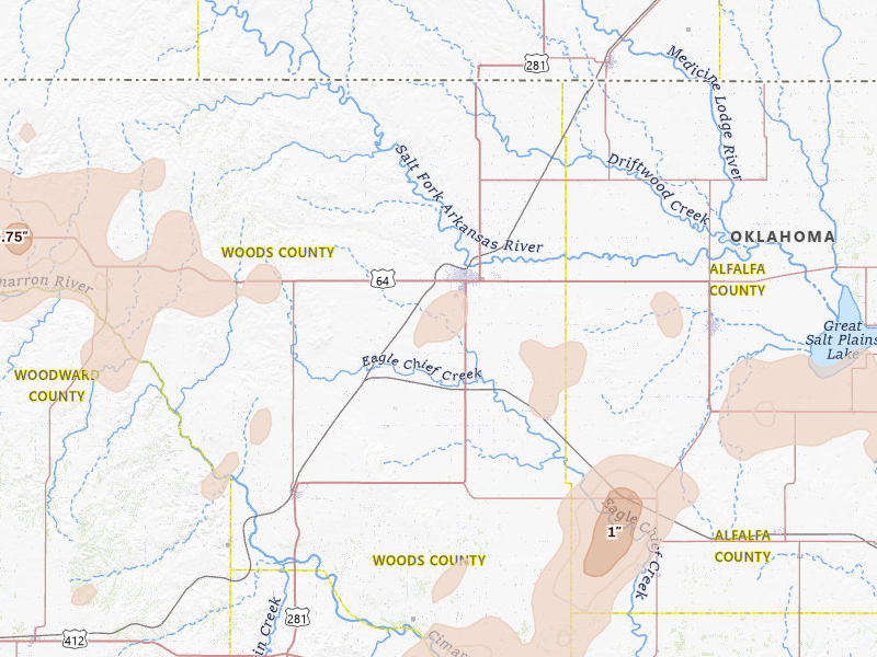 Radar-estimated hail-size map of the storm over Alva, OK on Jun 12, 2026