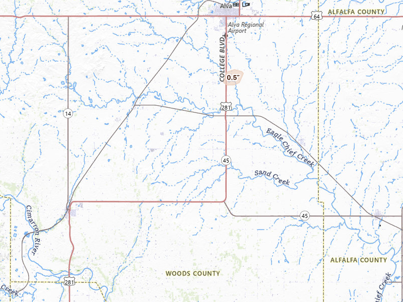 Radar-estimated hail-size map of the storm over Alva, OK on Jun 23, 2026
